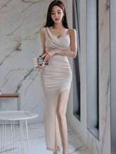 Spaghetti Straps V-Neck High Slit Maxi Dress S / Linen